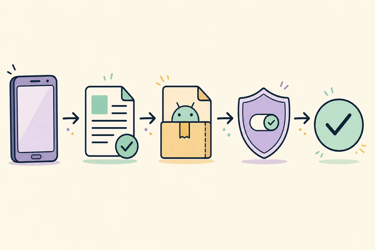Editorial illustration showing a phone, a source file, an Android package, a permission shield and a completed install check