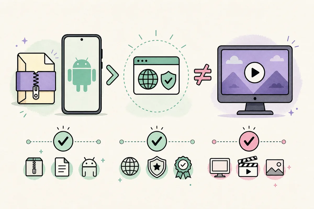Editorial illustration comparing an Android package, a verified source symbol and a desktop player fallback