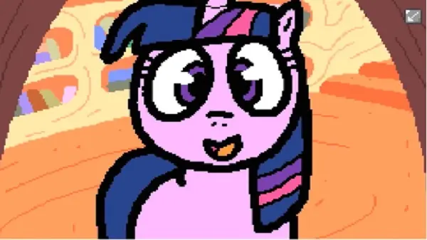 Scena di gioco di Banned From Equestria con Twilight nella versione della community