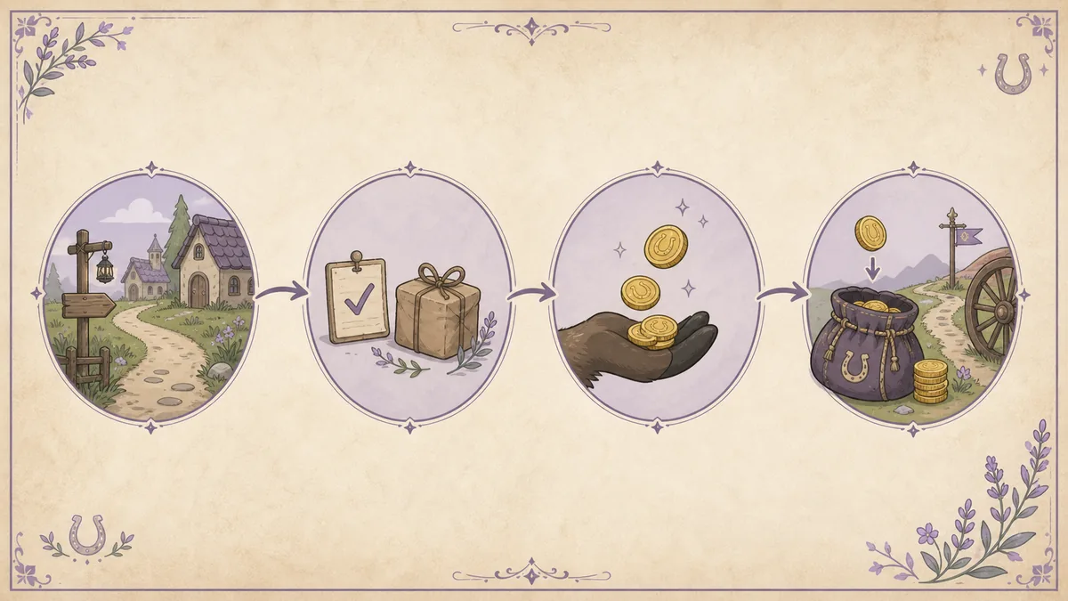 Editorial four-stage flow from exploring to a quest reward and travel reserve