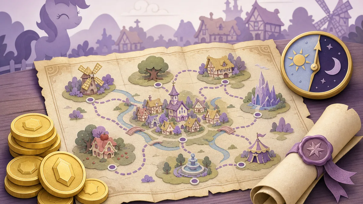 Editorial illustration of a Ponyville route map, Bits and a day-night clock