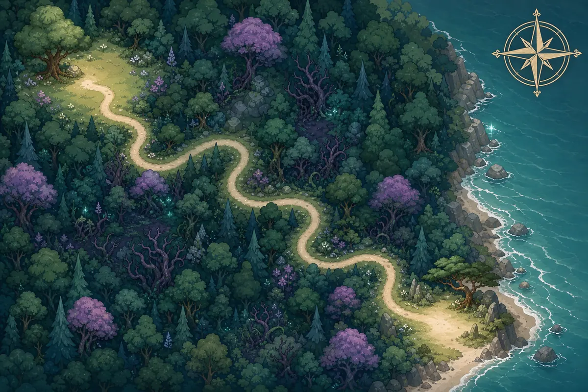 Unofficial editorial concept diagram of a winding Everfree Forest path leading toward a coastal exit