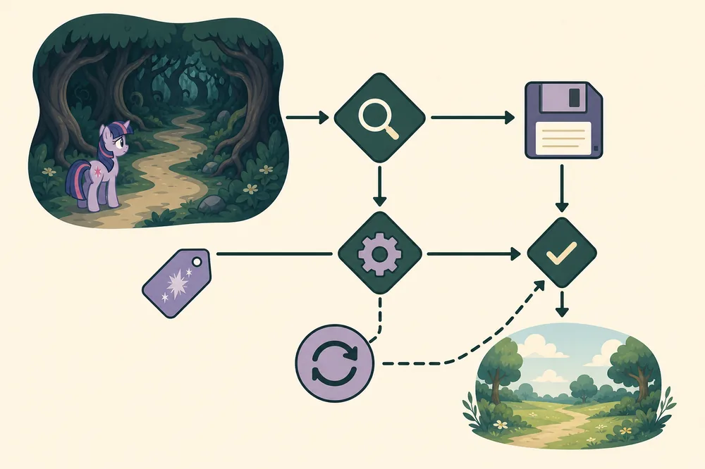 Unofficial editorial troubleshooting flow showing a forest path, save check, settings check, retry and exit