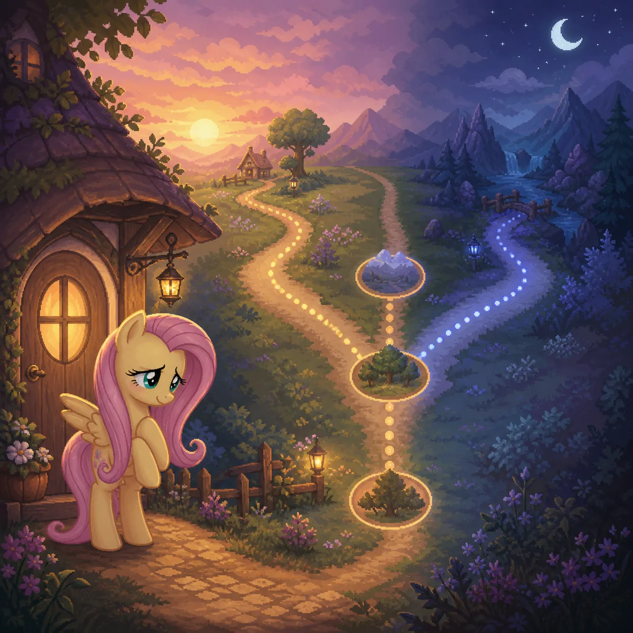 Editorial concept illustration of a Fluttershy route plan split between day and night paths