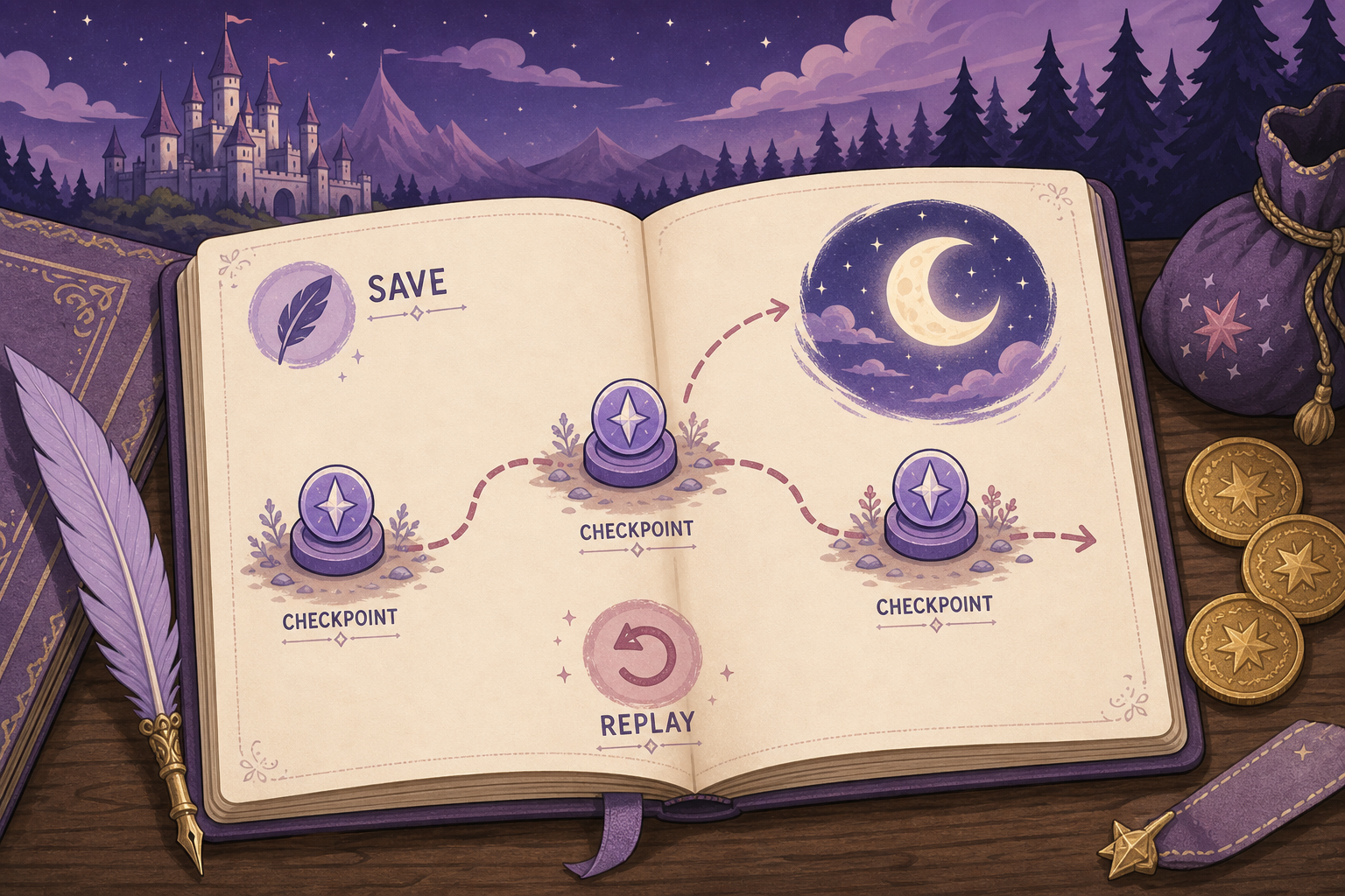 Editorial planning illustration showing saves, checkpoints and replay markers for a three-day game route